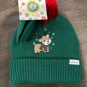 Little Me 2 pc.Pom Pom knit beanie & mittens, reindeer,snowflakes,winter holiday